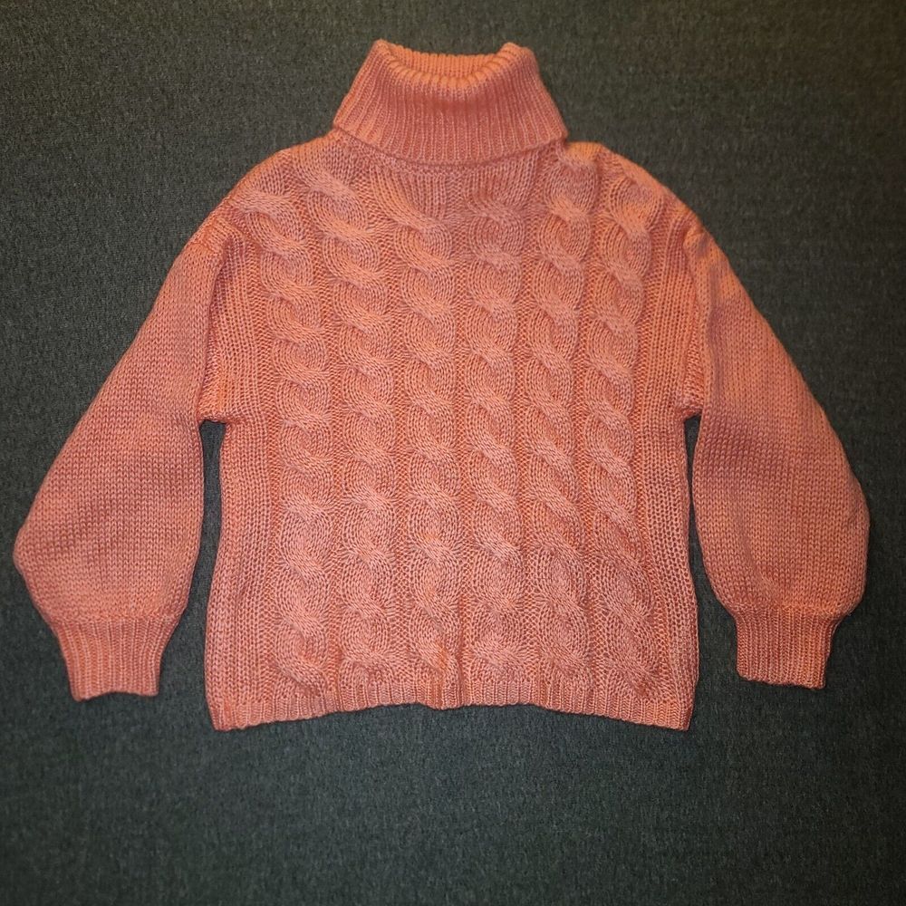 Isela Cable Knit‎ Turtleneck Sweater Womens S Coral Pink Relaxed Fit Chunky Cozy